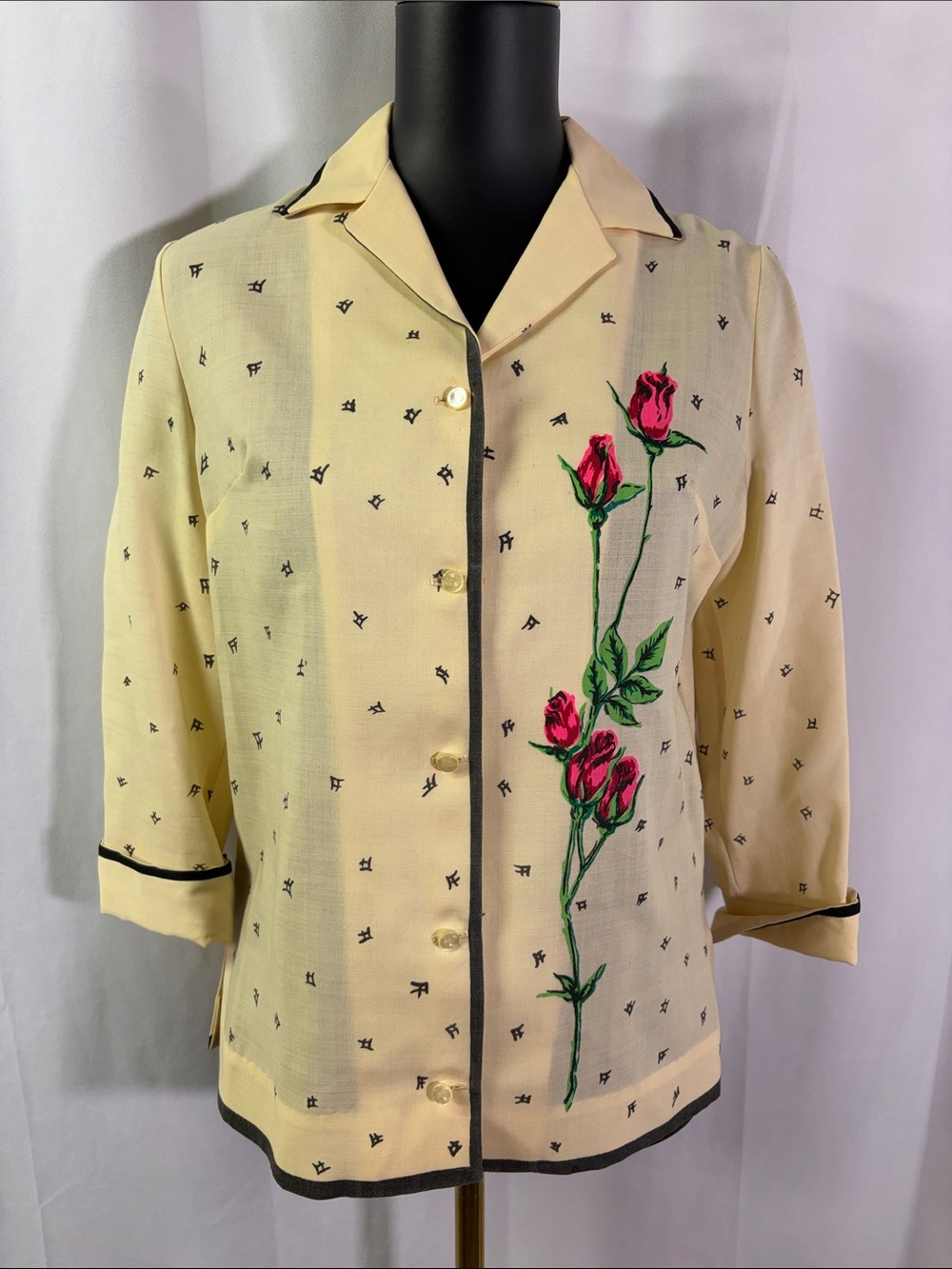Vintage Mr. Dino Asian Inspired Print 3/4 Sleeve Button Front Shirt